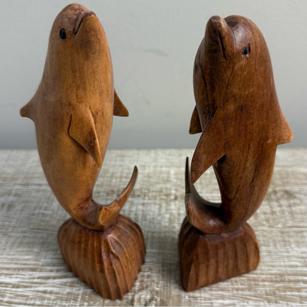 Brown Carved Wooden Dolphin Sculptures